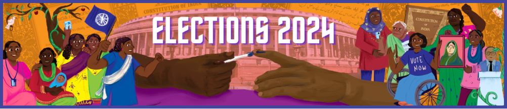 illustrated banner depicting voters taking part in the 2024 elections